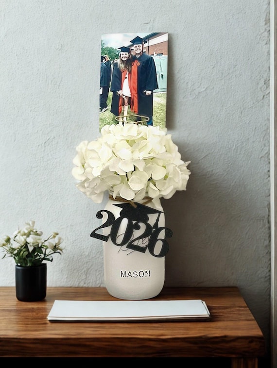 Graduation Centerpiece 2026, Mason Jar Photo Holder, Glitter Tag, Grad Party Decor, Class of 2026