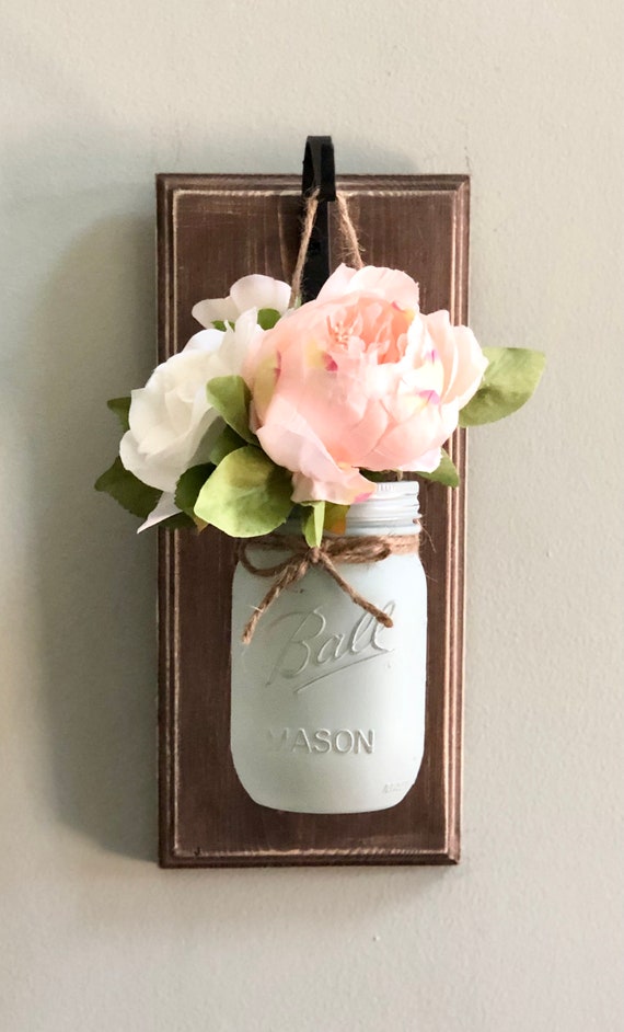 Farmhouse Mason Jar Sconces with Peonies - Set of 2 Hanging Wood Wall Decor, Rustic Floral Planter Decorations