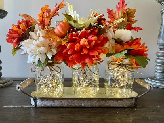 Rustic Farmhouse Fall Mason Jar Floral Arrangement with Metal Tray, Autumn Decor