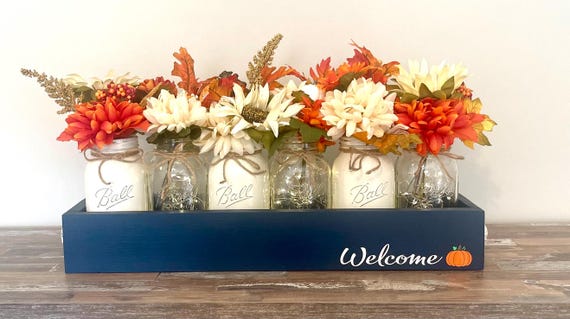 Hey Pumpkin Fall Farmhouse Lit Mason Jars Centerpiece for Thanksgiving Table