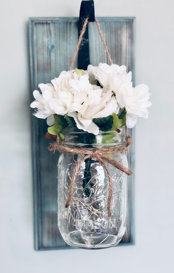 Coastal Wall Sconce, Hanging Lit Mason Jar Sconce, Lake House Wall Decor, Nautical Mason Jar Sconce, Mason Jar Wall Decor, Beach House Decor