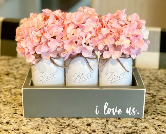 Mason Jar Centerpiece, I Love Us, Gift for Girlfriend, Valentine's Day Decor, Nightstand Table, Pink Hydrangea Floral Arrangement,  Vase