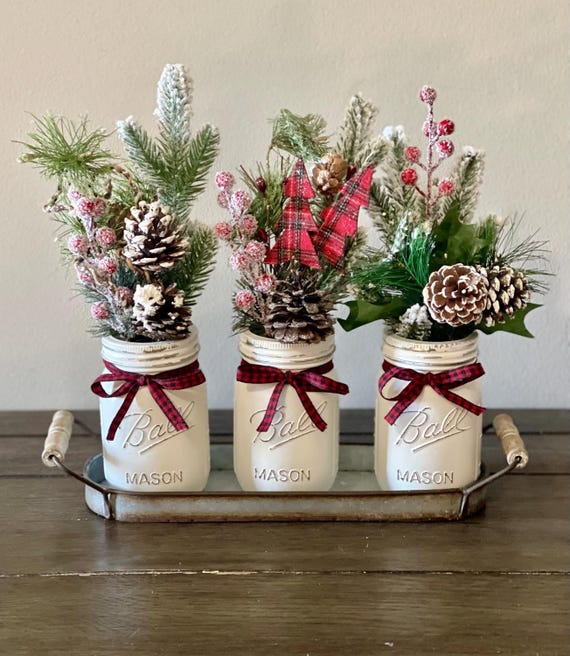 Christmas Mason Jar Floral Arrangement Holiday Centerpiece Metal Tray Hostess Gift Seasonal Decorations