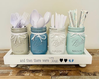 Baby Shower Utensil Holder with Wood Riser - And Then There Were 3 Nursery Decor Centerpiece