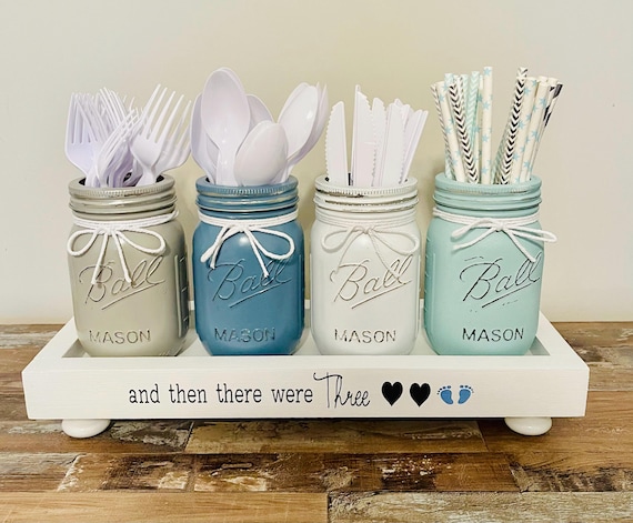 Baby Shower Utensil Holder with Wood Riser - And Then There Were 3 Nursery Decor Centerpiece