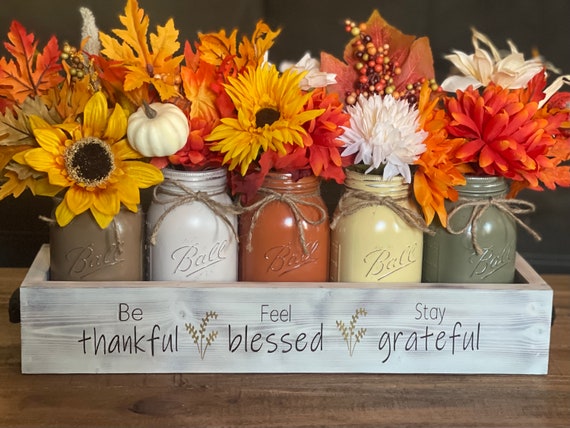 Rustic Barnwood Fall Mason Jar Centerpiece - Floral Table Decor for Dining Room & Thanksgiving