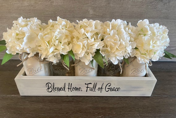 Mason Jar Decor, Driftwood Planter Box, Lit Mason Jar Centerpiece, Hydrangea Arrangement, Farmhouse Dining Table Decor, Blessed Home Decor