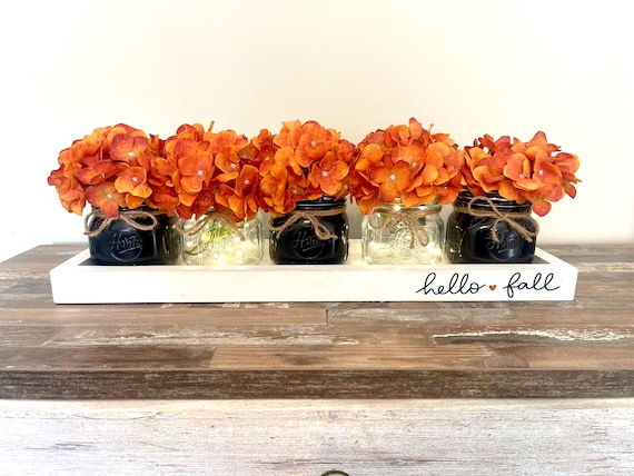 Rustic Fall Mason Jar Centerpiece with Wood Tray for Table or Mantle