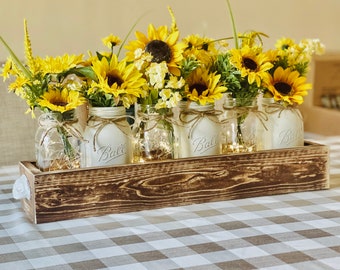 Sunflower Mason Jar Centerpiece, Year Round Table Decor, Rustic Wood Crate, Yellow Sunflower Decor, Farmhouse Table, Kitchen Table Decor