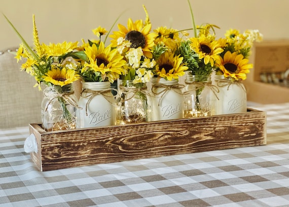 Rustic Sunflower Centerpiece: Lit Mason Jar in Distressed Wood Box for Farmhouse Kitchen Table Decor