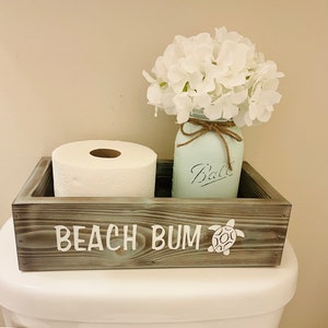 Coastal Sea Turtle Bathroom Storage Box: Beach House Driftwood Toilet Paper Holder & Catch-All Tray