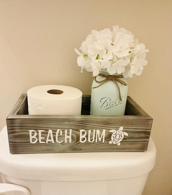 Coastal Sea Turtle Bathroom Storage Box: Beach House Driftwood Toilet Paper Holder & Catch-All Tray