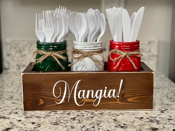 Mangia, Italian Decor, Mason Jar Utensil Holder, Italian Kitchen, Eat Sign, Mason Jar Decor, Kitchen Counter Utensil Box, Party Table Decor