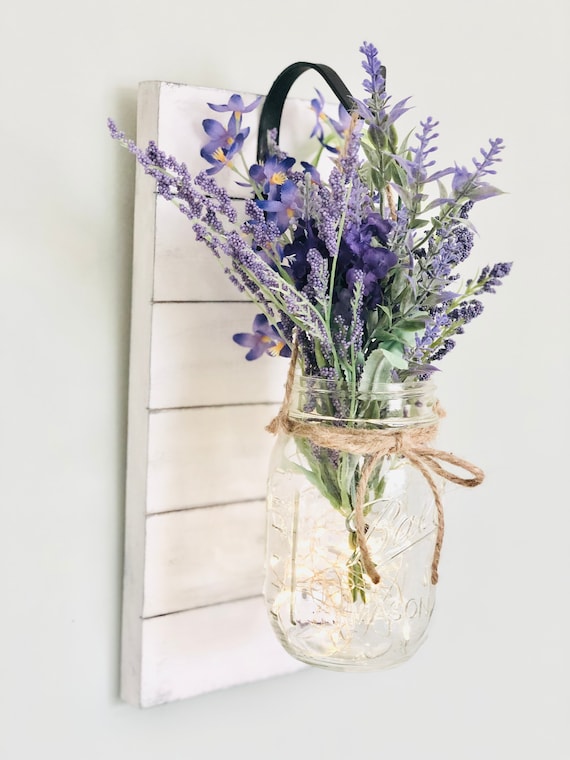 Shiplap Wall Decor, Farmhouse Mason Jar Wall Sconces, Hanging Jar Sconce With Lavender, Lit Wall Decor, Lit Bedroom Wall Decor, Fixer Upper