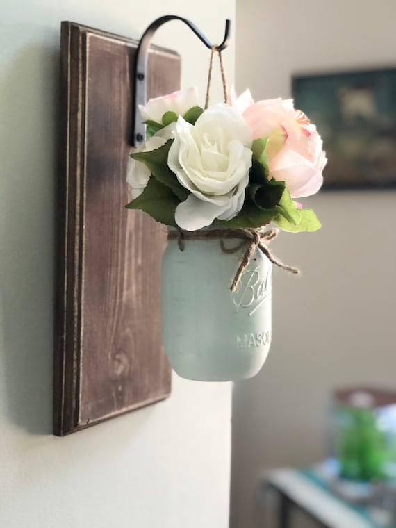 Rustic Farmhouse Mason Jar Wall Sconce with Peony Flowers - Hanging Decorative Floral Home Accent