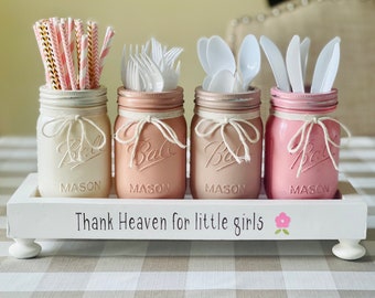 Baby Shower Decor Utensil Holder for Nursery Room Party Table or Gifts, Thank Heaven for Little Girls