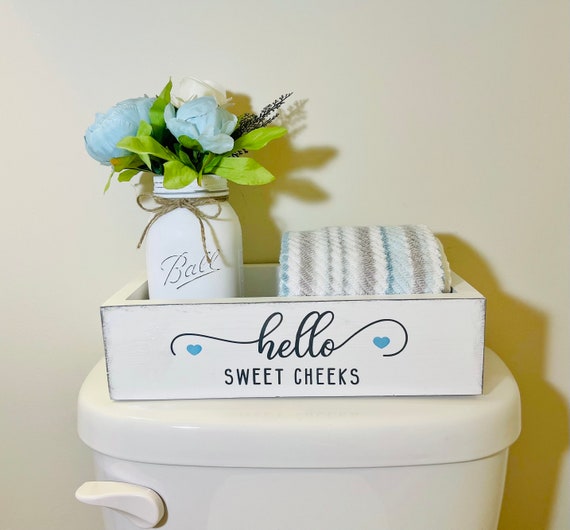 Pretty Bathroom Storage, Distressed White Toilet box, Hello Sweet Cheeks, Hey Sweet Cheeks, Guest Bathroom Organizer, Toilet Paper Caddy