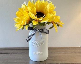 Sunflower Mason Jar Centerpiece for Rustic Country Wedding, Fall Floral Decor