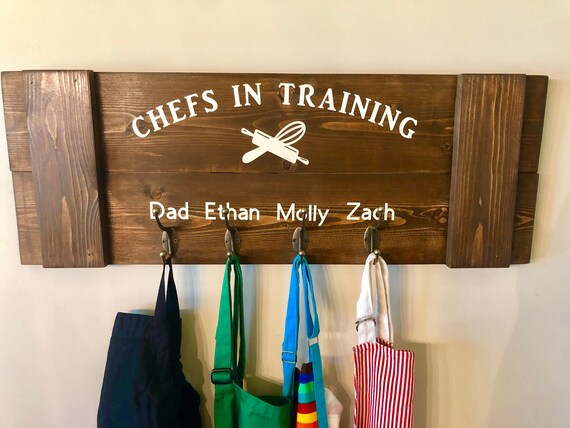 Kitchen Wall Sign, Gift for Mom, Kid's Apron, Personalized Apron Holder, Chefs in Training, Kitchen Wall Decor, Custom Family Apron Holder
