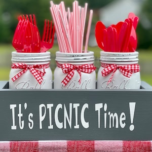 Rustic Mason Jar Utensil Holder for Picnics, Camping, Kitchen Counters and Party Decor - Red & White