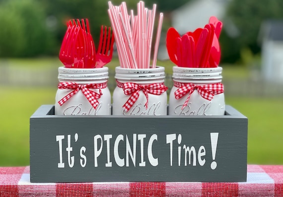 Mason Jar Utensil Holder, Picnic Decor, Campground Decor, Camping, Red and White Kitchen Decor, Kitchen Counter Centerpiece, Party Utensils