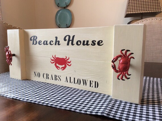 Fun Small Serving tray, Crab Beach House Decor, Fun Wood Serving Tray with Handles, Farmhouse Tray, Seaside Coastal Vanity Bathroom Tray
