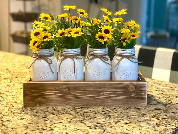 Sunflower Mason Jar Centerpiece, Sunflower Gifts, Mason Jar Decor, Sunflower Home Decor, Mason Jar Centerpiece, Distressed Box, Country Chic