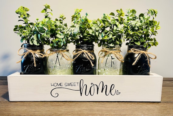 Rustic Farmhouse Wood Tray For Dining Table Decor with Mason Jars and Greenery
