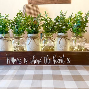 Floral Mason Jar Centerpiece with Greenery, Lit Rustic Decor, Housewarming Gift