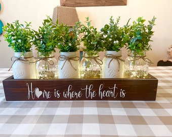 Dining Room Table Centerpiece, Floral Arrangement, Housewarming Gift, Mason Jar with Greenery, Mantle Decor, Lit Centerpiece, Lit Mason Jars