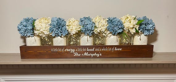 Hydrangea Floral Mason Jar Holiday Centerpiece for Dining Table or Personalized Family Decor, Extra Long Centerpiece