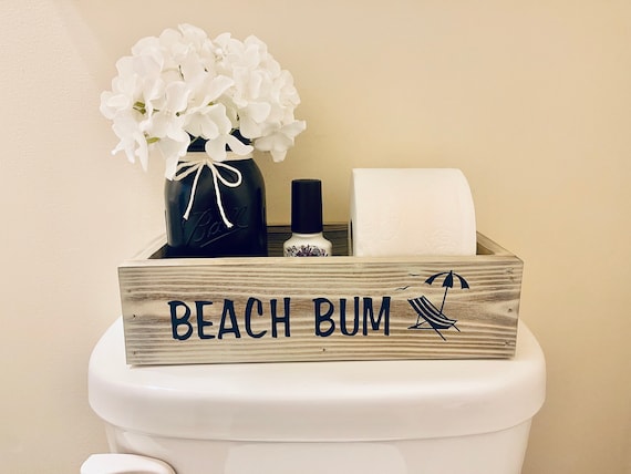 Beach Bum, Coastal Bathroom Decor, New Beach House Gift, Bathroom Organizer, Vanity Tray, Wood Catchall, Bath Storage, Toilet Paper Holder