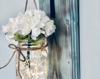 Coastal Sconce, Hanging Lit Mason Jar Sconce, Lake House Wall Decor, Nautical Mason Jar Sconce, Mason Jar Wall Decor, Beach House Wall Decor