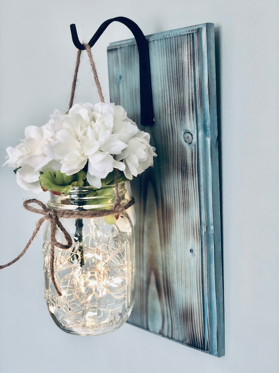 Coastal Sconce, Hanging Lit Mason Jar Sconce, Lake House Wall Decor, Nautical Mason Jar Sconce, Mason Jar Wall Decor, Beach House Wall Decor