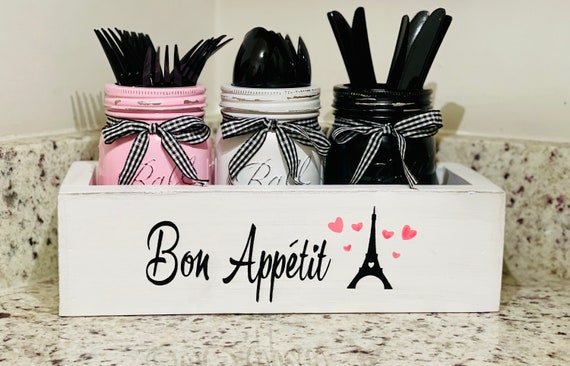 Mason Jar Utensil Holder, Bon Appetit French Decor, Party Table Decor, Mason Jar Decor, Kitchen Counter Utensil Box, Birthday Party Decor