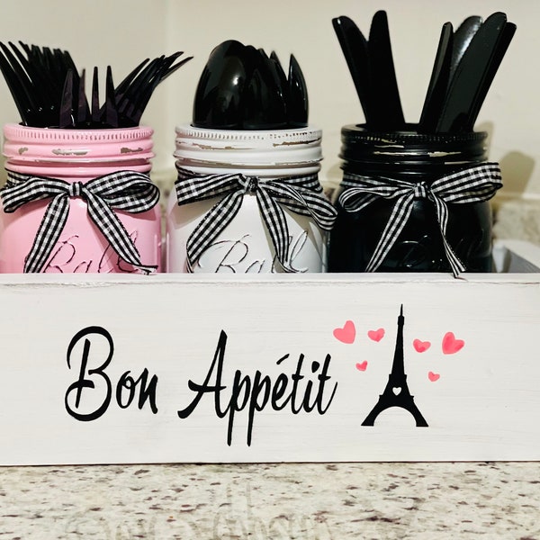 Mason Jar Utensil Holder, Bon Appetit French Decor, Party Table Decor, Mason Jar Decor, Kitchen Counter Utensil Box, Birthday Party Decor