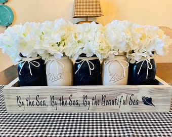 Driftwood Decor, Navy Mason Jar, By the Sea, Seashell Decor, Mason Jar Centerpiece, Coastal Table Decor, Beachy Decor. Nautical Home Decor