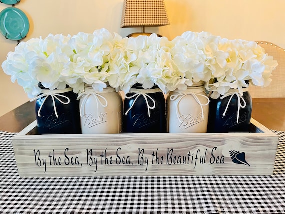 Driftwood Decor, Navy Mason Jar, By the Sea, Seashell Decor, Mason Jar Centerpiece, Coastal Table Decor, Beachy Decor. Nautical Home Decor