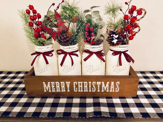 Farmhouse Christmas Centerpiece Vintage Holiday Fireplace Table Decor Rustic Floral Arrangement Mason Jar Gift