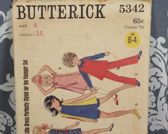 Butterick 5342 Vintage 1960s Sewing Pattern Girls' Dress or Tunic with Pants, Size 6 Cut and Complete