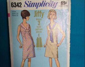 Vintage 1965 Simplicity 6342 Sewing Pattern, Misses' One-Piece Jiffy Dress, Size 10, Cut and Complete with Instructions