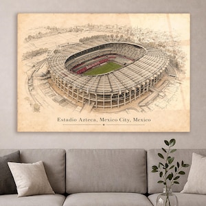 May include: A rectangular wall art print featuring a detailed sepia-toned architectural sketch of Estadio Azteca in Mexico City, Mexico. The illustration depicts the stadium from an aerial perspective with visible seating and a green field.