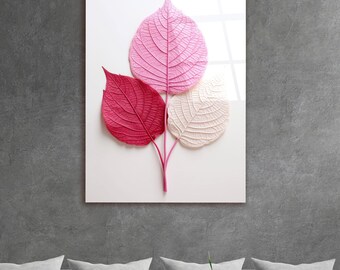 Pink Leaves Wall Art, Real Tempered Glass Wall Art, Minimalism Wall Handing Decor, Print on the Glass, Custom Size, Extra Large Home Decor