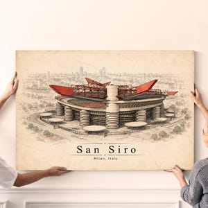 Könnte beinhalten: Ein Vintage-Druck des San Siro-Stadions in Mailand, Italien. Das Kunstwerk zeigt eine detaillierte architektonische Illustration des Stadions mit roten Akzenten auf dem Dach. Der Text "San Siro" und "Milan, Italy" ist darunter abgebildet.