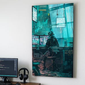 Puede incluir: Una configuración de oficina en casa con un escritorio de madera, una silla negra y varios monitores de computadora. Una gran obra de arte que representa a una persona en un entorno digital cuelga de la pared. Unos auriculares están en el escritorio. La habitación tiene una estética moderna y centrada en la tecnología.