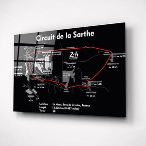 Décoration murale Circuit de la Sarthe du Mans - Carte de la piste de course sur verre trempé - Décoration de sport automobile pour les amateurs de voitures, garage, bureau