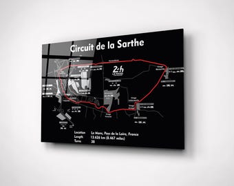Le Mans Circuit de la Sarthe Wall Art – Racing Track Map on Tempered Glass – Motorsport Decor for Car Enthusiasts, Garage, Office