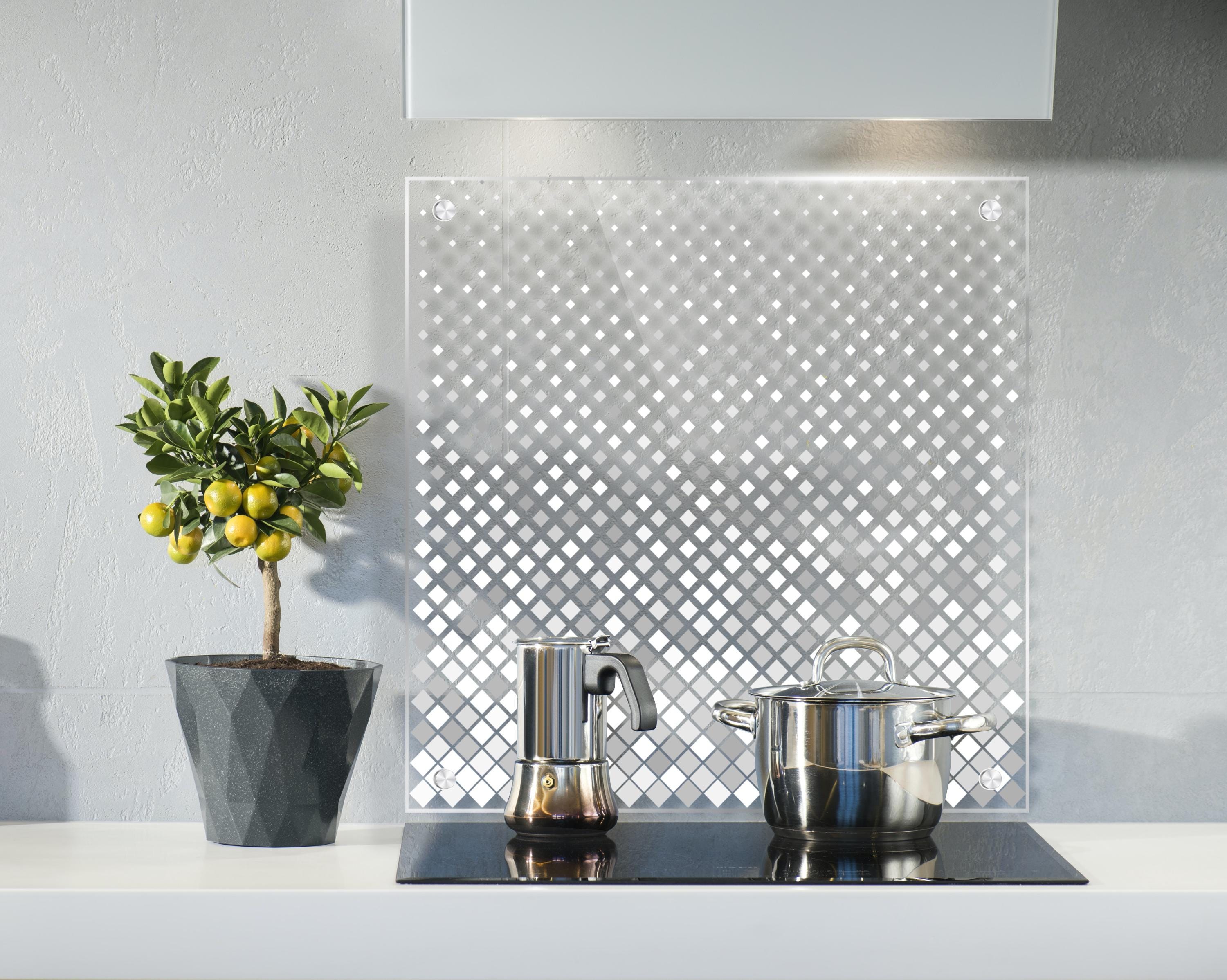 Protector contra salpicaduras blanco, protector contra salpicaduras de vidrio transparente, protector contra salpicaduras con patrón geométrico, decoración de cocina, protector contra salpicaduras de estufa