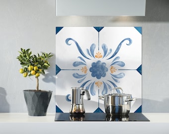 Vintage Style Kitchen Glass Backsplash, Portuguese Azulejos Blue Backsplash Tile, Tempered Glass, Custom Size, Kitchen decor