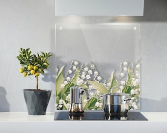 Clear Glass Backsplash – Lilies of the valley Print, Heat Resistant Tempered Glass, Custom Size Splashback